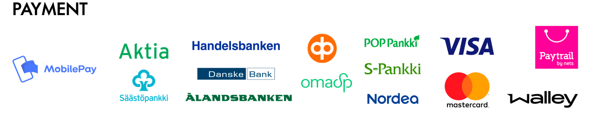 Payment options on Paytrail with Mobile pay, online banks, Visa, Mastercard and Walley
